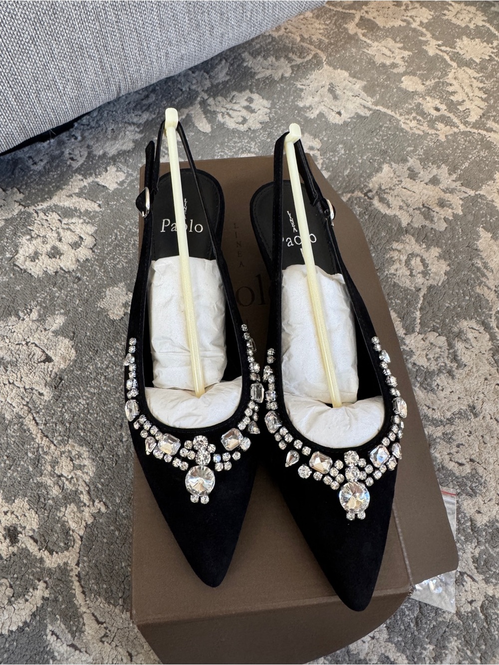 Paolo Black Crystal-Embellished Pointed Slingback Flats